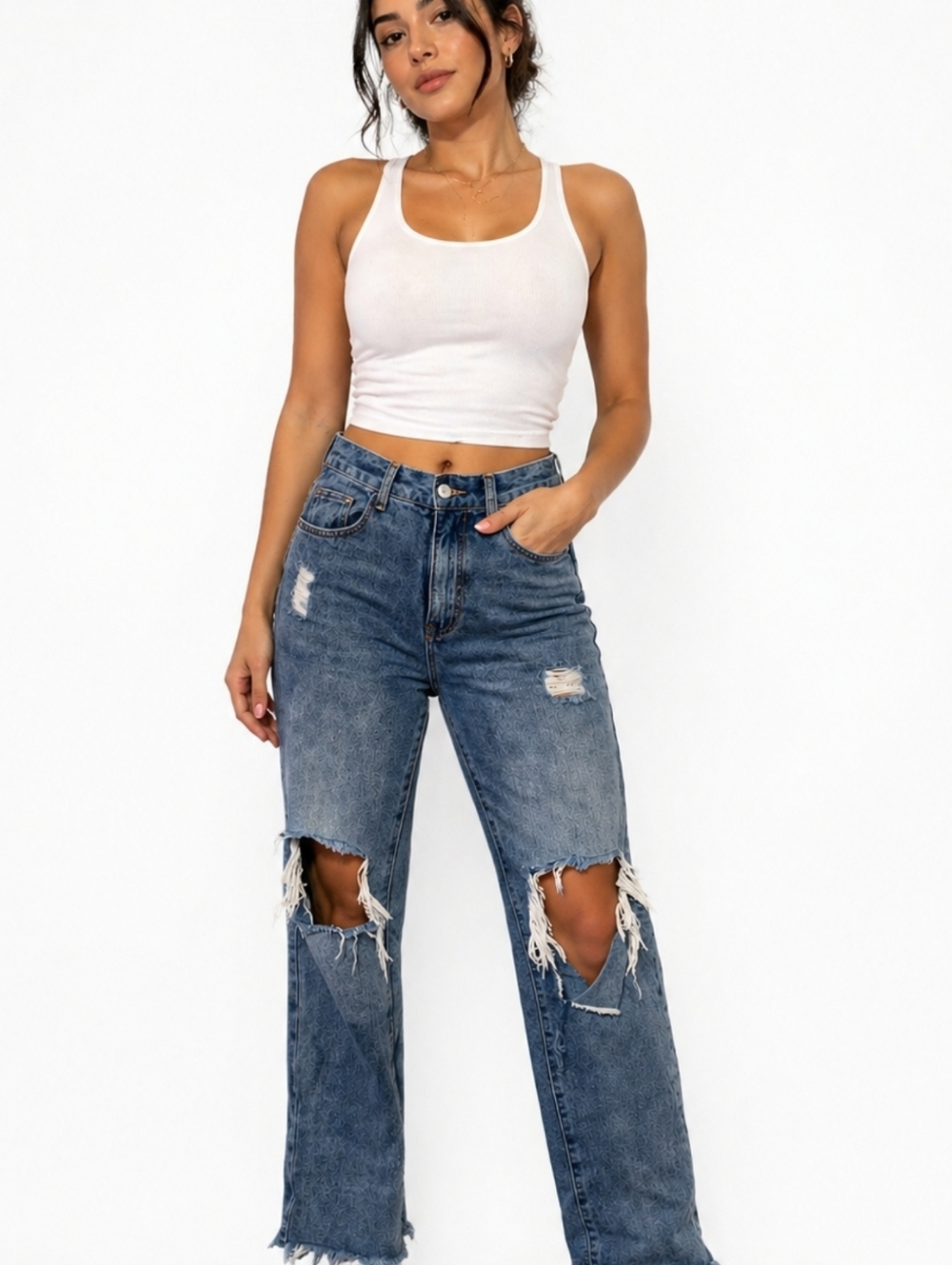 PrettyLittleThing Distressed Straight Leg Jeans in Blue Denim